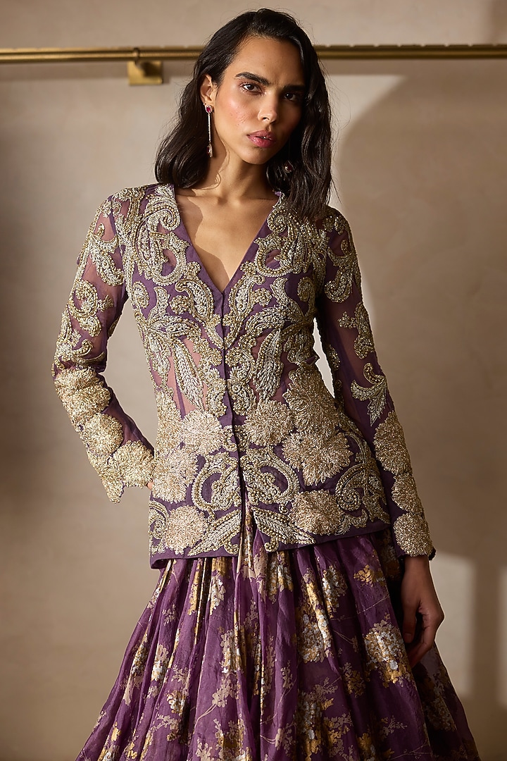 Plum Net & Organza Zardosi Embroidered Jacket Set by Bhumika Sharma at Pernia's Pop Up Shop