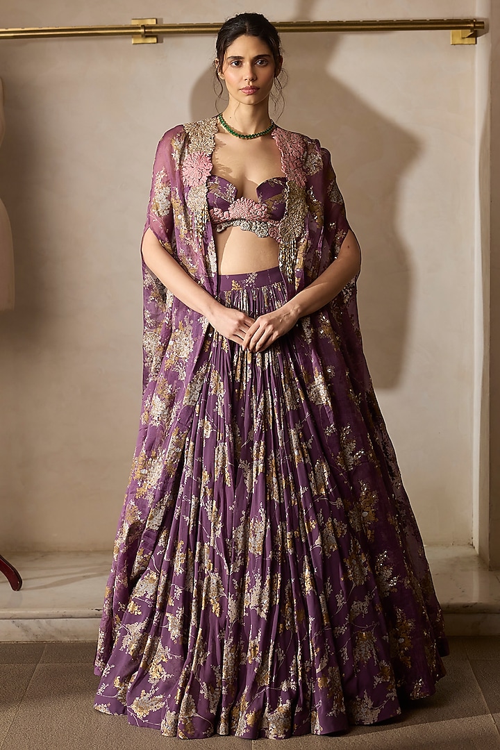 Plum Georgette & Organza Printed Skirt Set by Bhumika Sharma at Pernia's Pop Up Shop