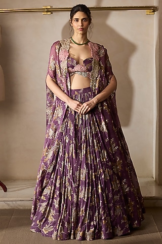 Plum Georgette & Organza Printed Skirt Set by Bhumika Sharma