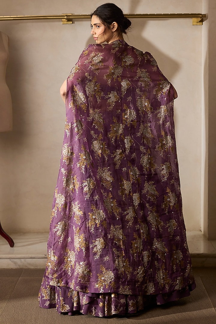 Plum Georgette & Organza Printed Skirt Set by Bhumika Sharma at Pernia's Pop Up Shop
