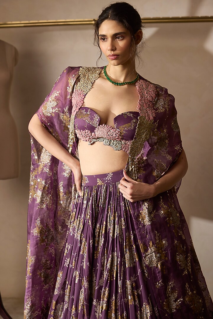 Plum Georgette & Organza Printed Skirt Set by Bhumika Sharma at Pernia's Pop Up Shop