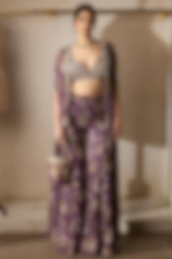 Plum Georgette & Organza Printed Cape Set by Bhumika Sharma at Pernia's Pop Up Shop