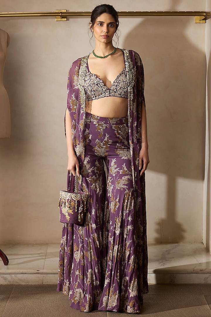 Plum Georgette & Organza Printed Cape Set by Bhumika Sharma at Pernia's Pop Up Shop
