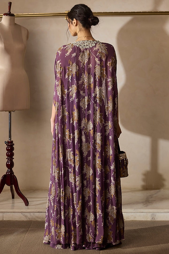 Plum Georgette & Organza Printed Cape Set by Bhumika Sharma at Pernia's Pop Up Shop