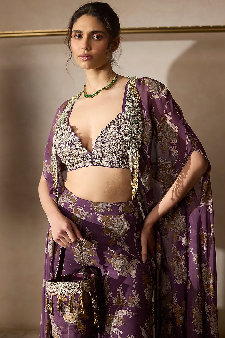 Plum Georgette & Organza Printed Cape Set by Bhumika Sharma at Pernia's Pop Up Shop