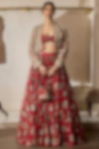 Red Georgette & Organza Printed Skirt Set by Bhumika Sharma at Pernia's Pop Up Shop