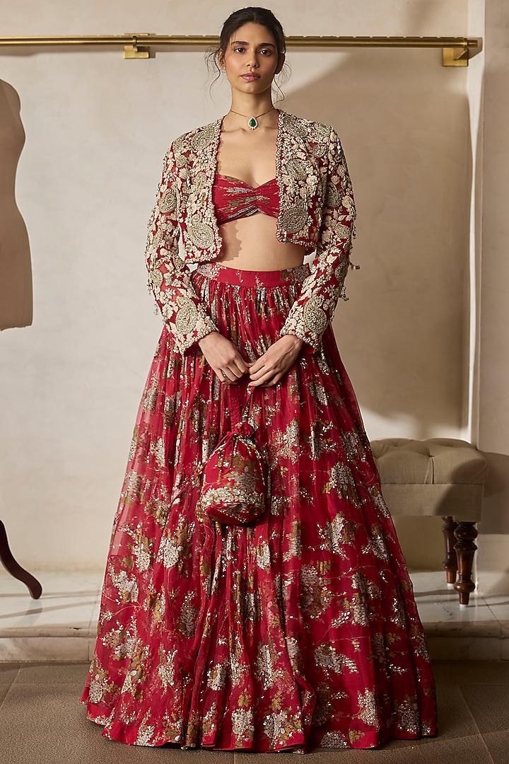 Red Georgette & Organza Printed Skirt Set by Bhumika Sharma at Pernia's Pop Up Shop