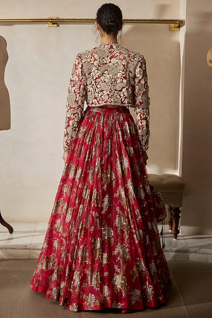 Red Georgette & Organza Printed Skirt Set by Bhumika Sharma at Pernia's Pop Up Shop