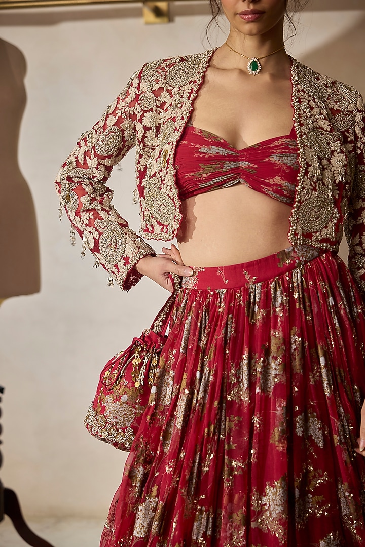 Red Georgette & Organza Printed Skirt Set by Bhumika Sharma at Pernia's Pop Up Shop