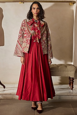Red Chanderi & Art Silk Anarkali Set by Bhumika Sharma