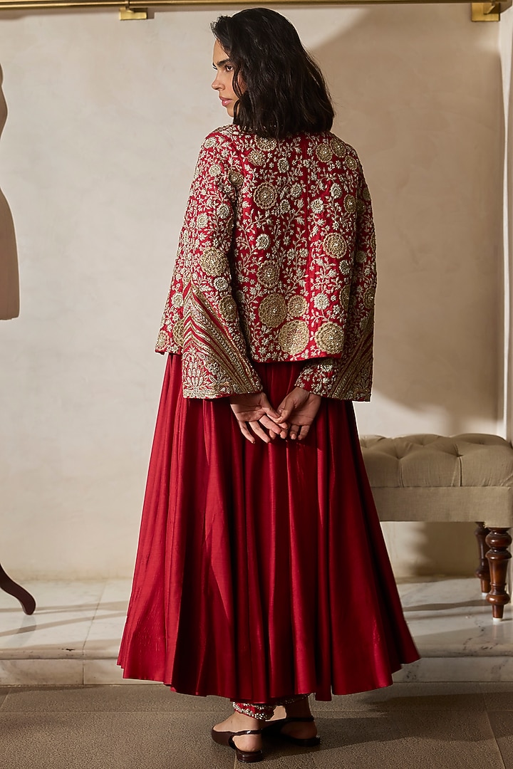 Red Chanderi & Art Silk Bridal Anarkali Set by Bhumika Sharma at Pernia's Pop Up Shop