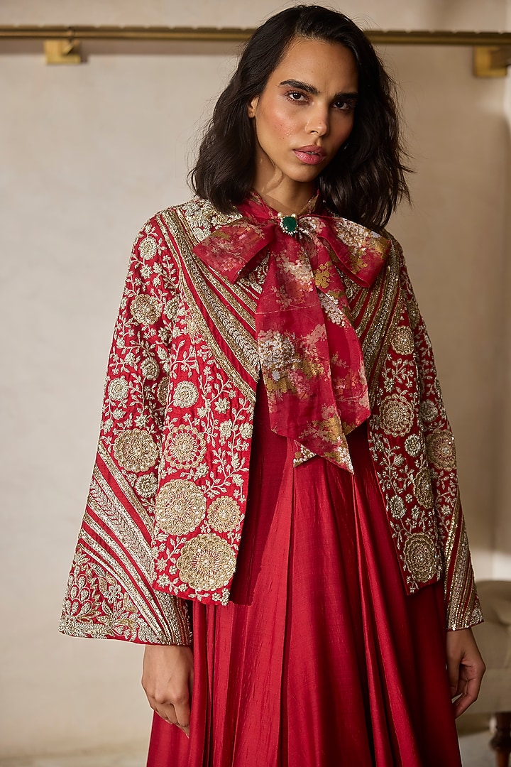 Red Chanderi & Art Silk Bridal Anarkali Set by Bhumika Sharma at Pernia's Pop Up Shop