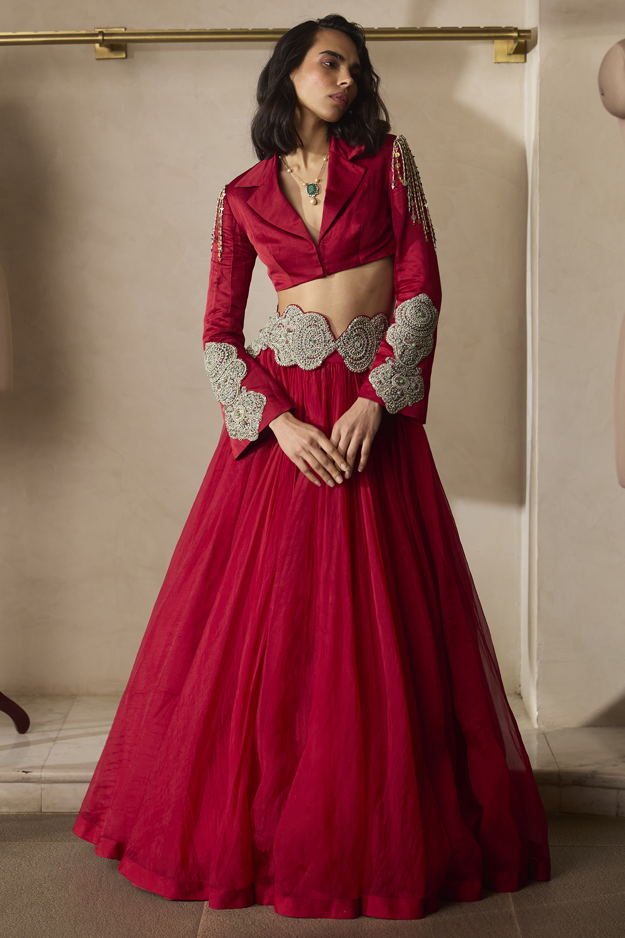 Red Linen Satin & Organza Skirt Set by Bhumika Sharma at Pernia's Pop Up Shop