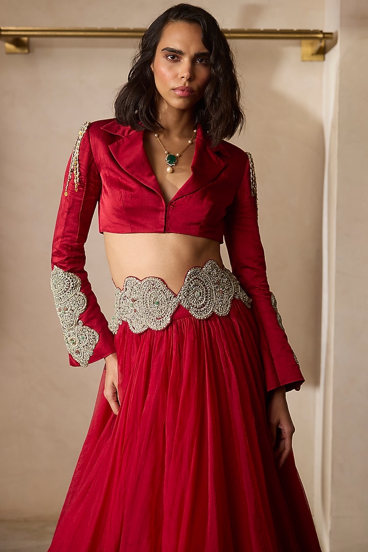 Red Linen Satin & Organza Skirt Set by Bhumika Sharma at Pernia's Pop Up Shop
