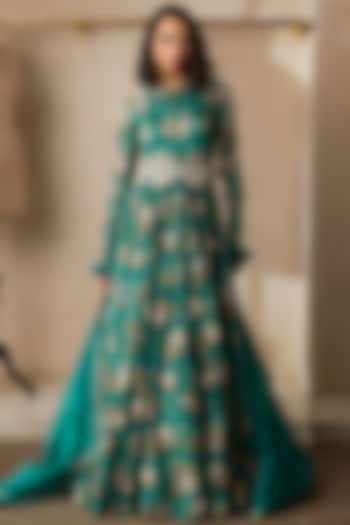 Teal Green Organza Printed Bridal Anarkali Set by Bhumika Sharma at Pernia's Pop Up Shop