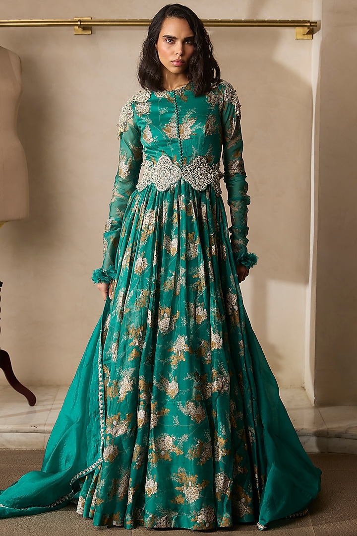 Teal Green Organza Printed Bridal Anarkali Set by Bhumika Sharma at Pernia's Pop Up Shop