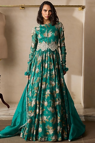 Teal Green Organza Printed Anarkali Set by Bhumika Sharma