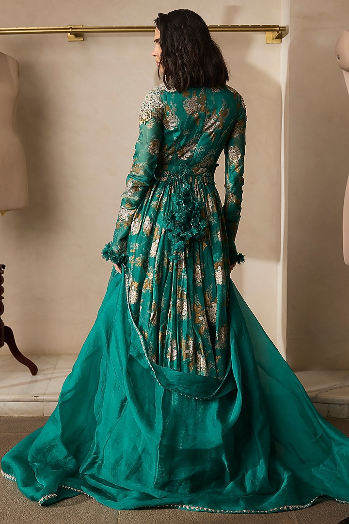 Teal Green Organza Printed Bridal Anarkali Set by Bhumika Sharma at Pernia's Pop Up Shop