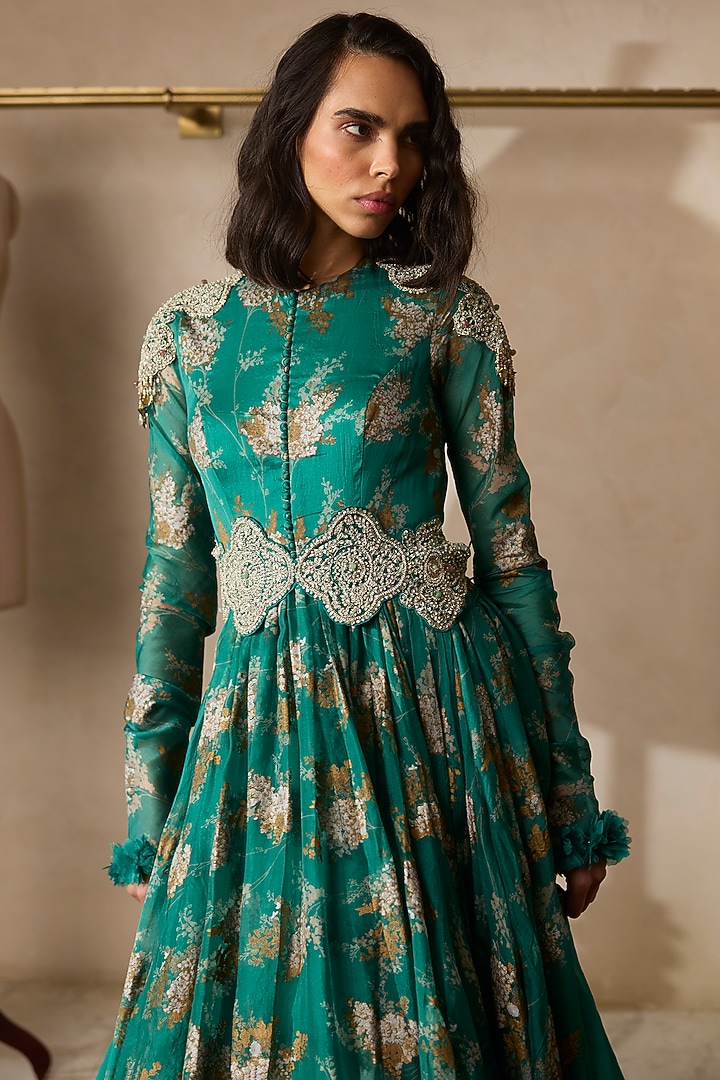 Teal Green Organza Printed Bridal Anarkali Set by Bhumika Sharma at Pernia's Pop Up Shop