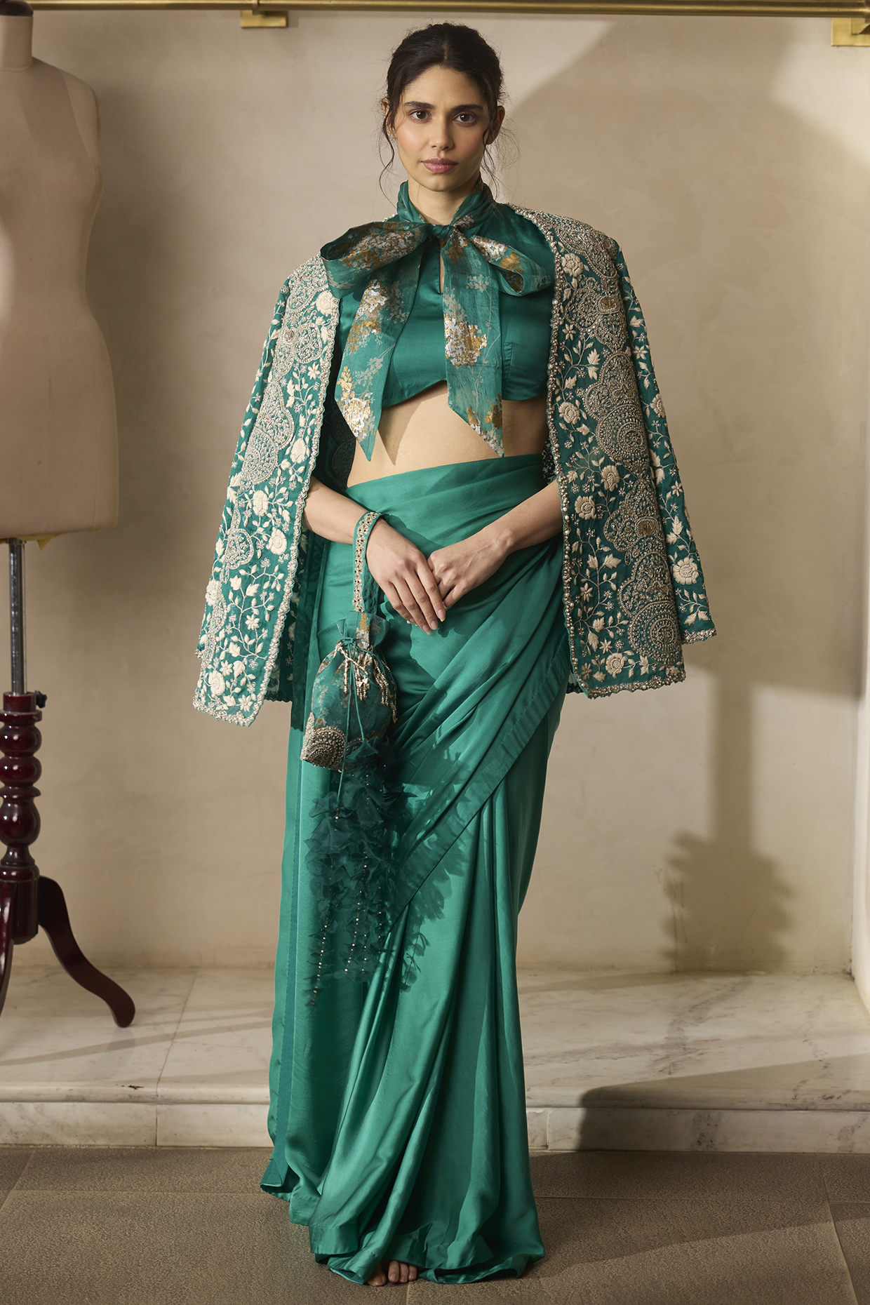 Teal Green Satin & Organza Jacket Saree Set by Bhumika Sharma at Pernia's Pop Up Shop