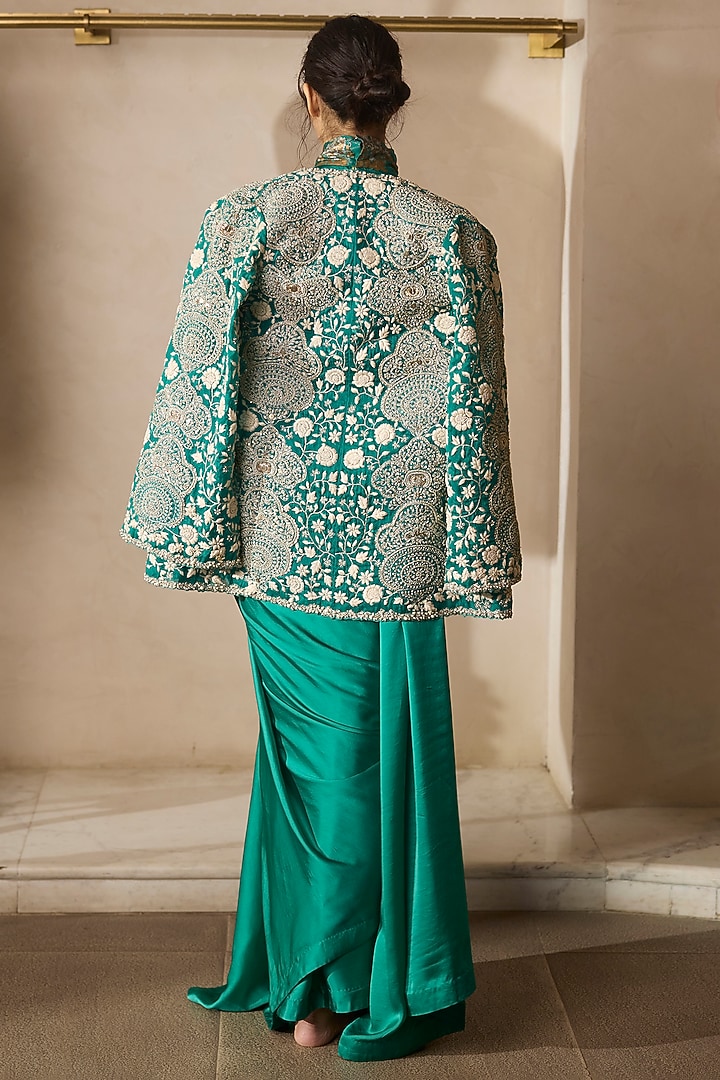 Teal Green Satin & Organza Jacket Reception Saree Set by Bhumika Sharma at Pernia's Pop Up Shop