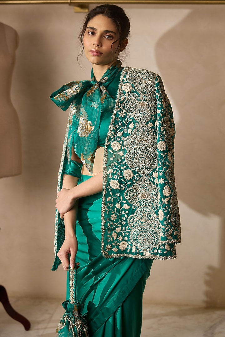 Teal Green Satin & Organza Jacket Reception Saree Set by Bhumika Sharma at Pernia's Pop Up Shop