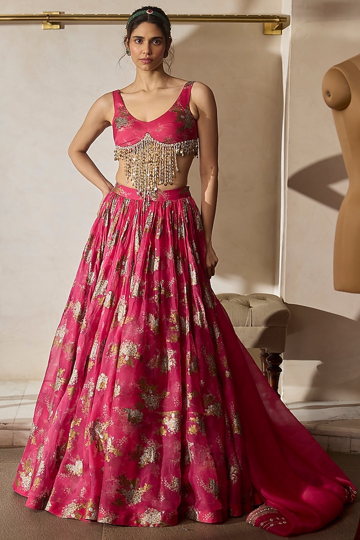 Fuchsia Organza Printed Wedding Lehenga Set by Bhumika Sharma at Pernia's Pop Up Shop