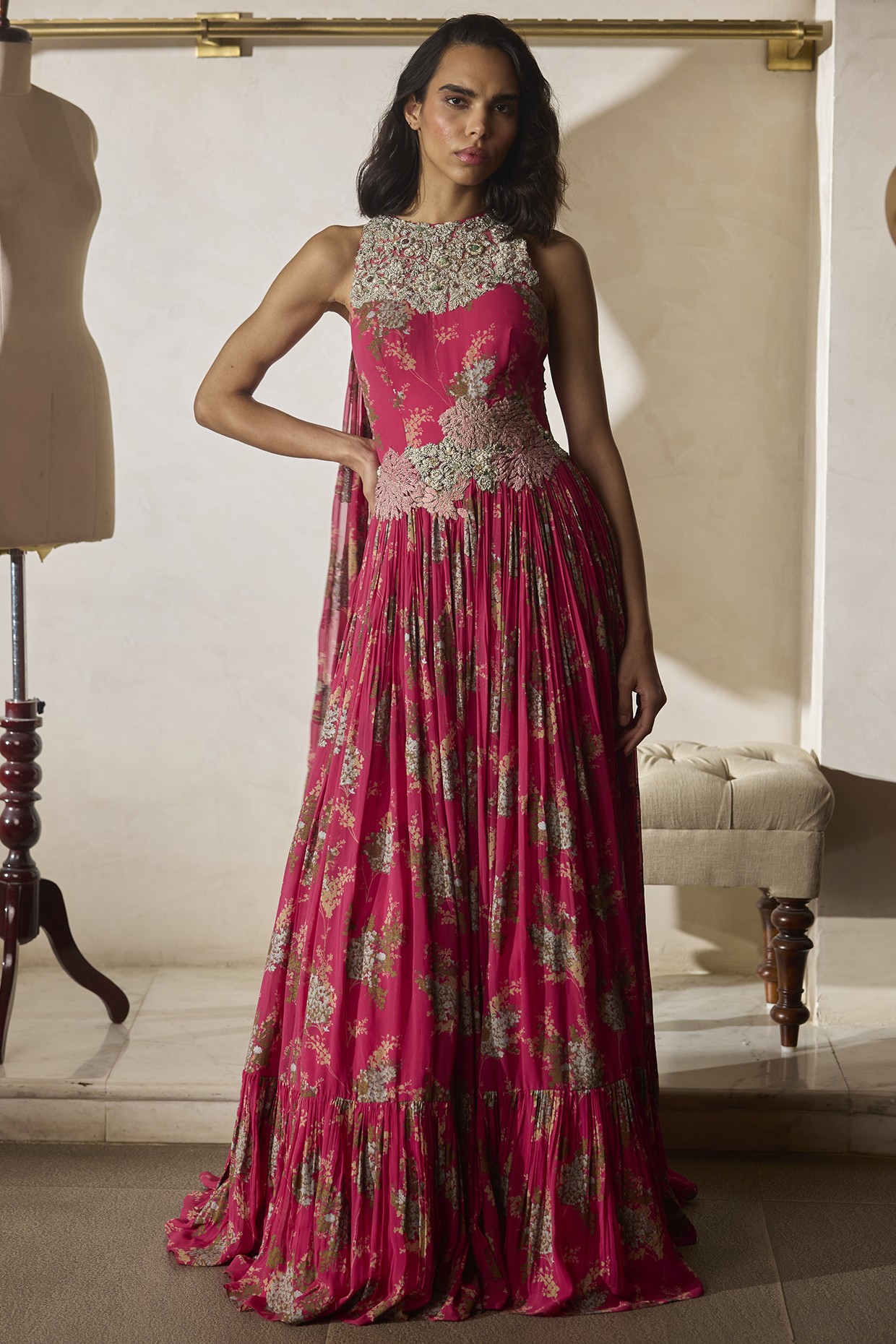 Fuchsia Georgette Printed Bridal Anarkali Set by Bhumika Sharma at Pernia's Pop Up Shop