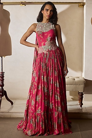 Fuchsia Georgette Printed Anarkali Set by Bhumika Sharma