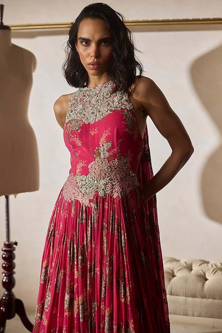Fuchsia Georgette Printed Bridal Anarkali Set by Bhumika Sharma at Pernia's Pop Up Shop