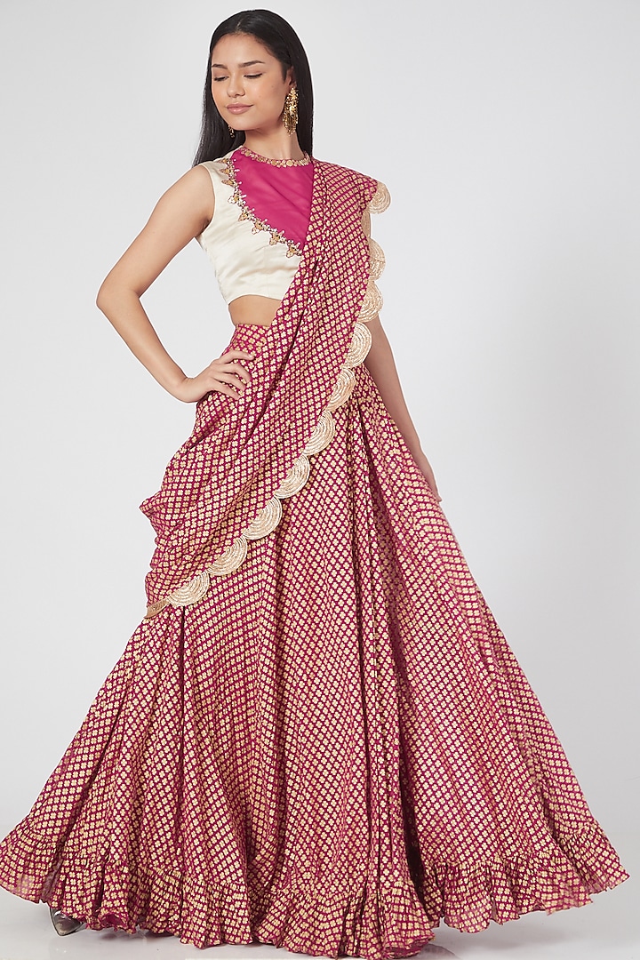 Rani Pink Printed Pre-Pleated Saree Set by Bhumika Sharma