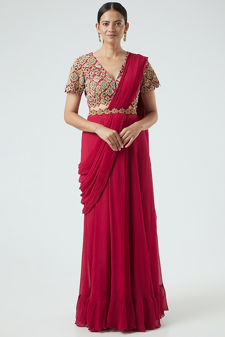 Red Embroidered Pleated Saree Set by Bhumika Sharma