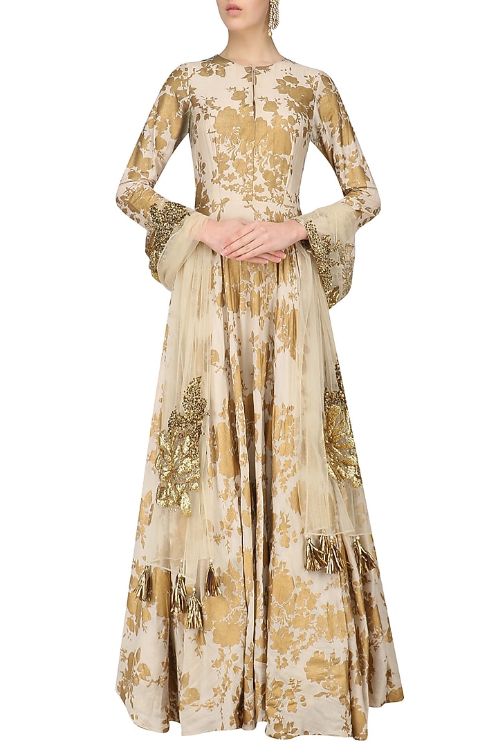 Ivory anarkali with embroidered dupatta available only at Pernia's Pop Up Shop.