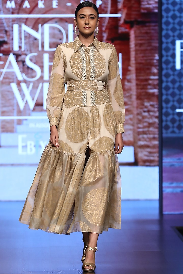Gold Printed Gown With Embroidered Front by Bhumika Sharma