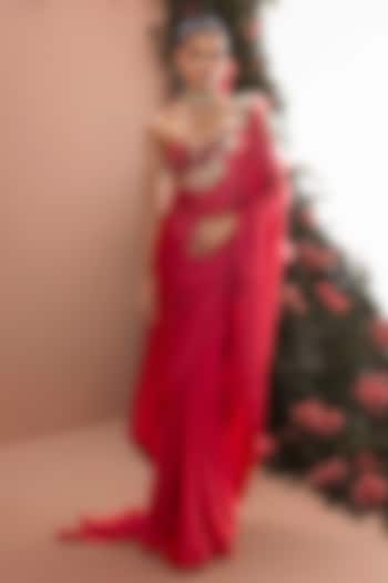 Red Satin Wedding Saree Set by Bhumika Sharma at Pernia's Pop Up Shop