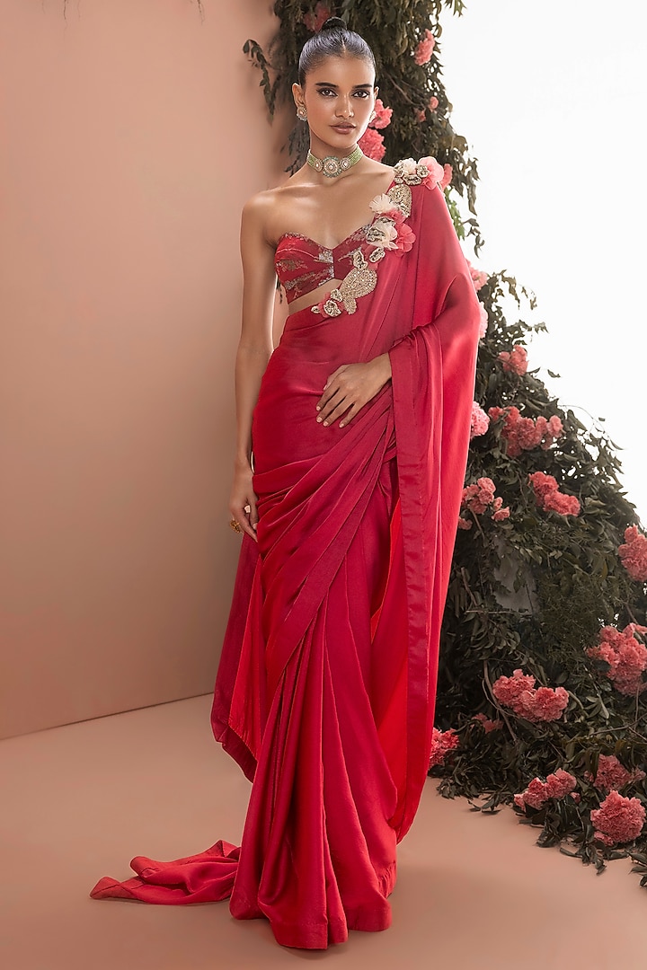 Red Satin Wedding Saree Set by Bhumika Sharma at Pernia's Pop Up Shop