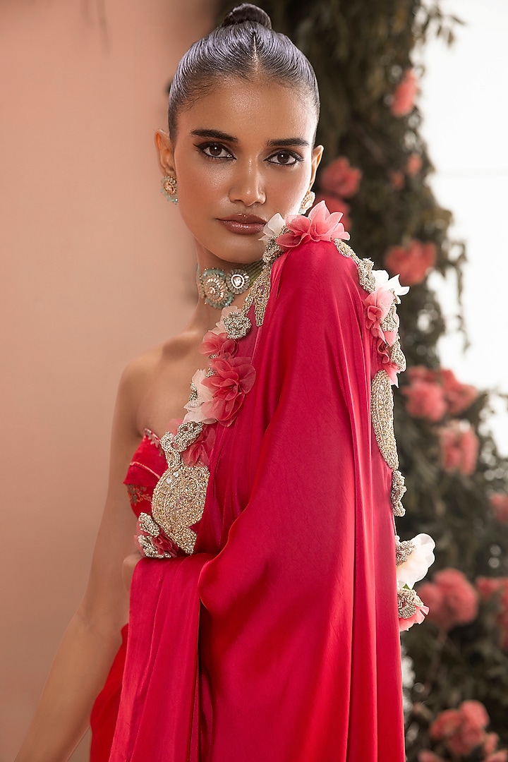 Red Satin Wedding Saree Set by Bhumika Sharma at Pernia's Pop Up Shop
