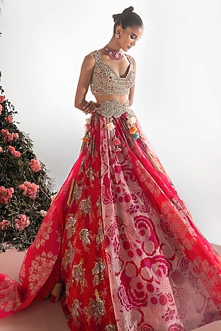 Fuchsia Organza Embroidered Lehenga Set by Bhumika Sharma