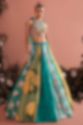 Teal Green Organza Printed Wedding Lehenga Set by Bhumika Sharma at Pernia's Pop Up Shop