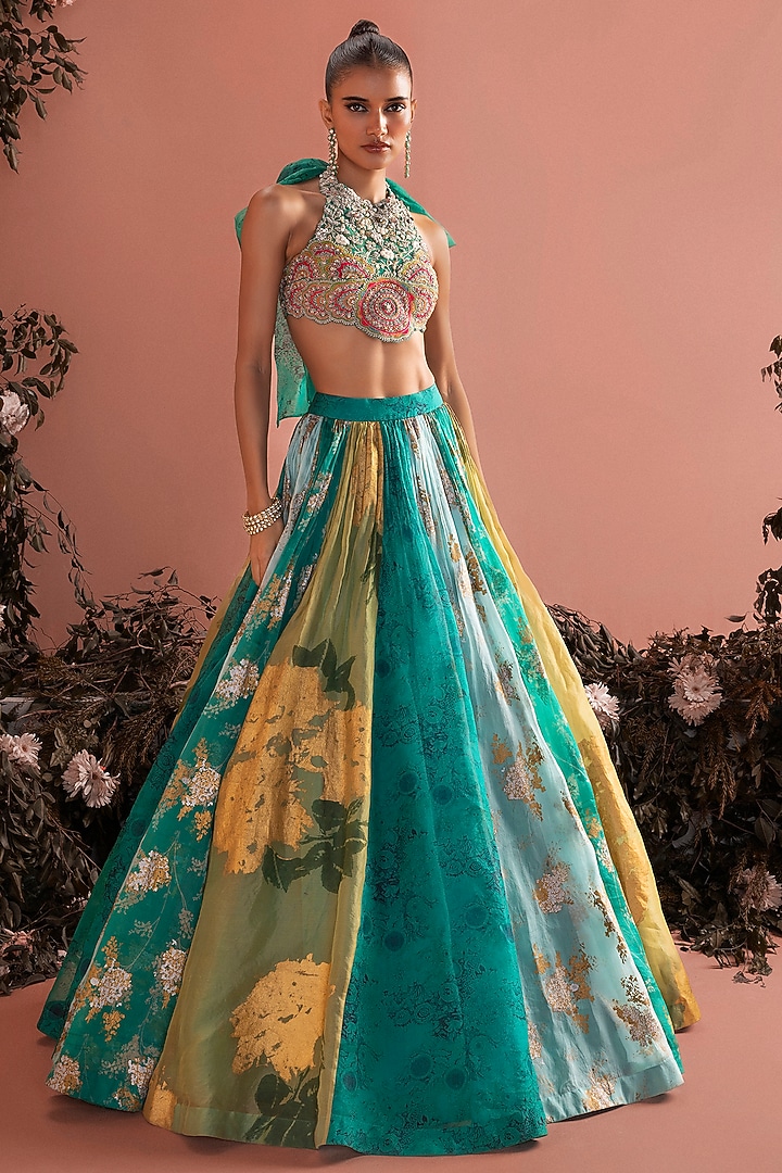 Teal Green Organza Printed Wedding Lehenga Set by Bhumika Sharma at Pernia's Pop Up Shop