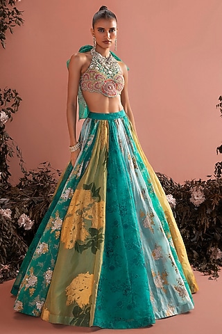 Teal Green Organza Printed Lehenga Set by Bhumika Sharma