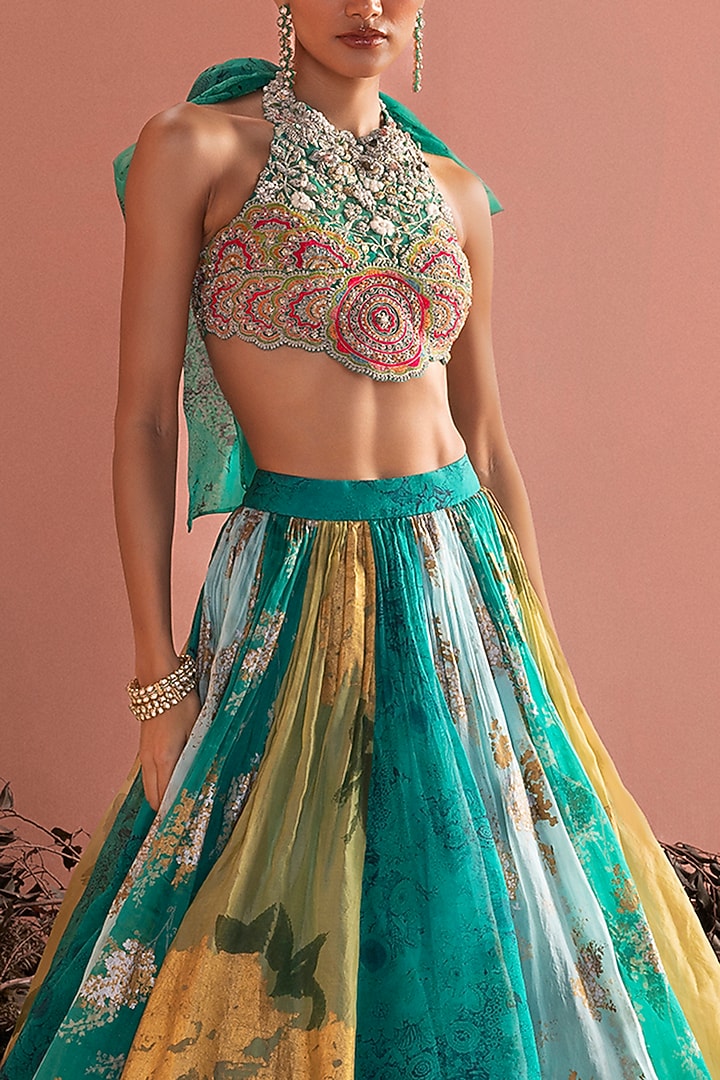 Teal Green Organza Printed Wedding Lehenga Set by Bhumika Sharma at Pernia's Pop Up Shop