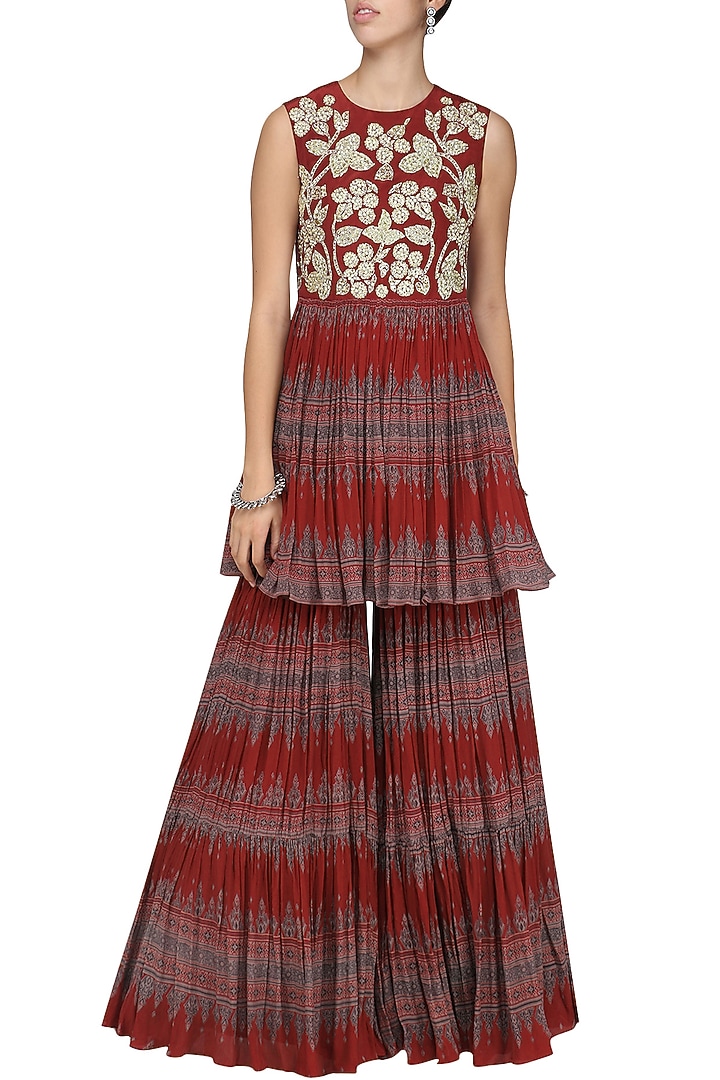 Red hand embroidered sharara set available only at Pernia's Pop Up Shop.