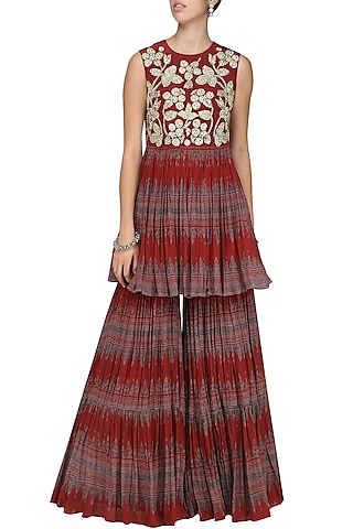 Red Hand Embroidered Sharara Set by bhumika sharma