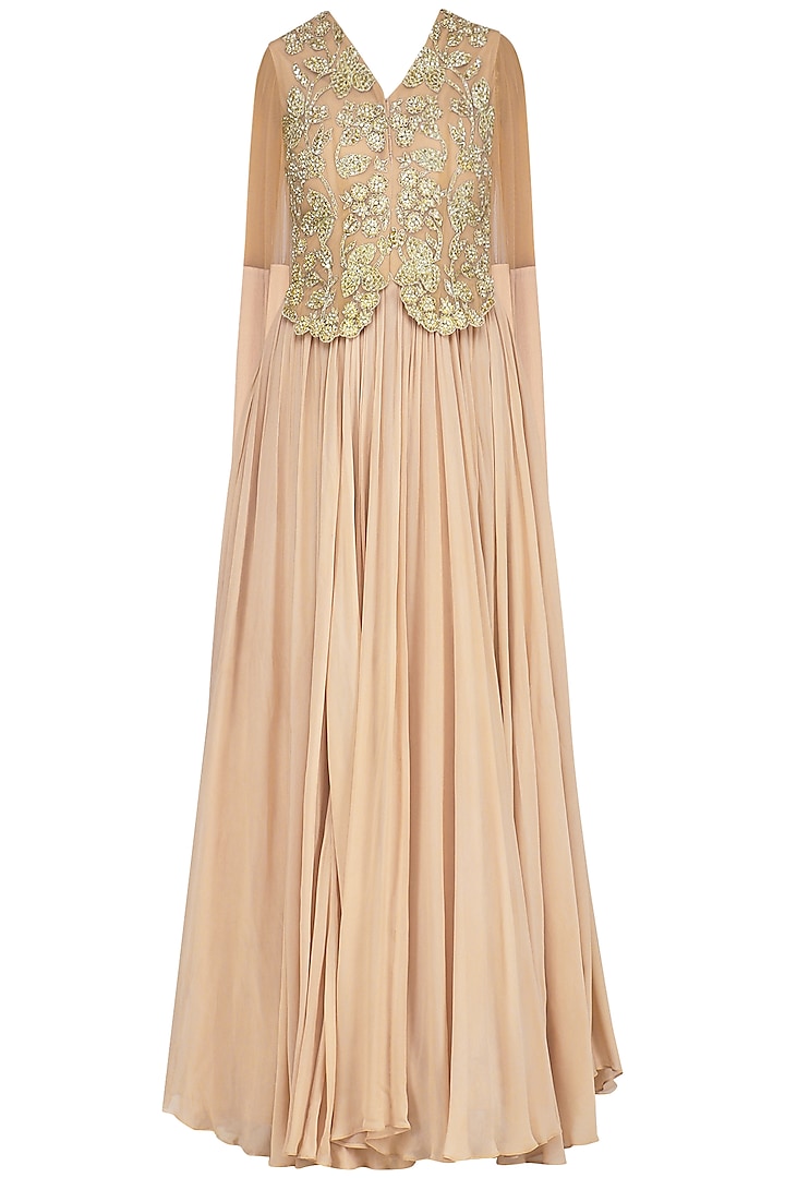 Nude Zari Embroidered Gown by Bhumika Sharma