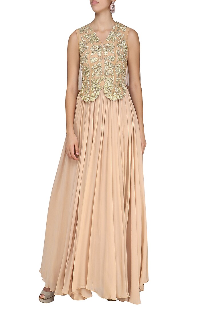 Nude zari embroidered gown available only at Pernia's Pop Up Shop.