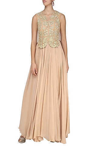 Nude Zari Embroidered Gown by Bhumika Sharma