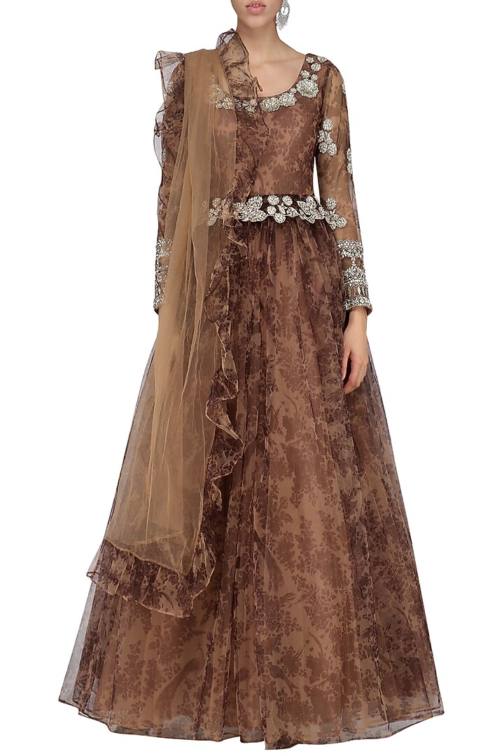 Nude and wine bird printed anarkali available only at Pernia's Pop Up Shop.