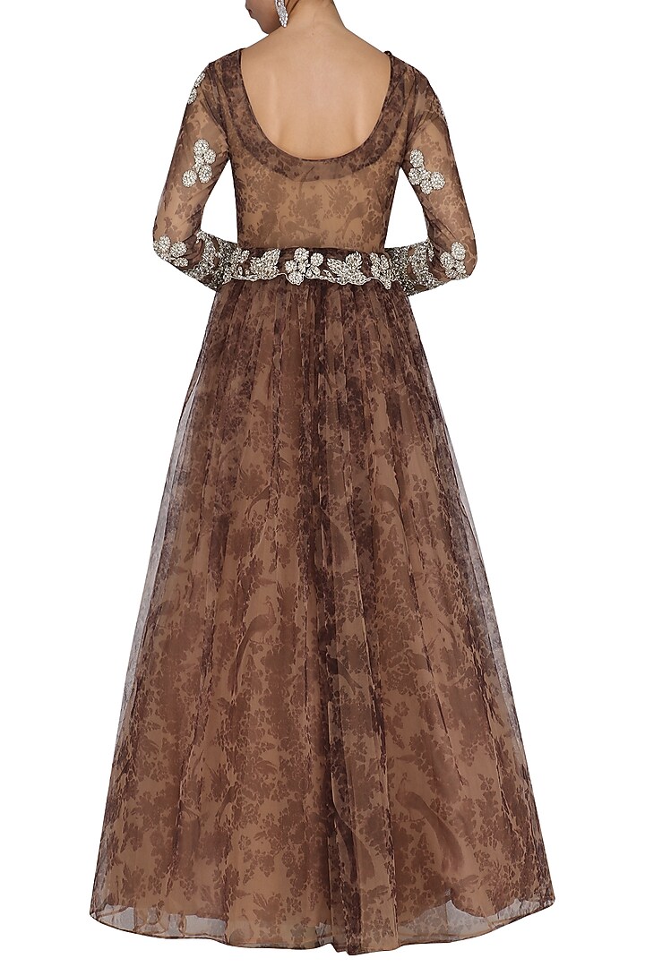 Nude and wine bird printed anarkali available only at Pernia's Pop Up Shop.
