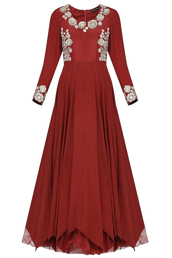 Maroon Sequin Embroidered Anarkali with Belt and Dupatta by Bhumika Sharma